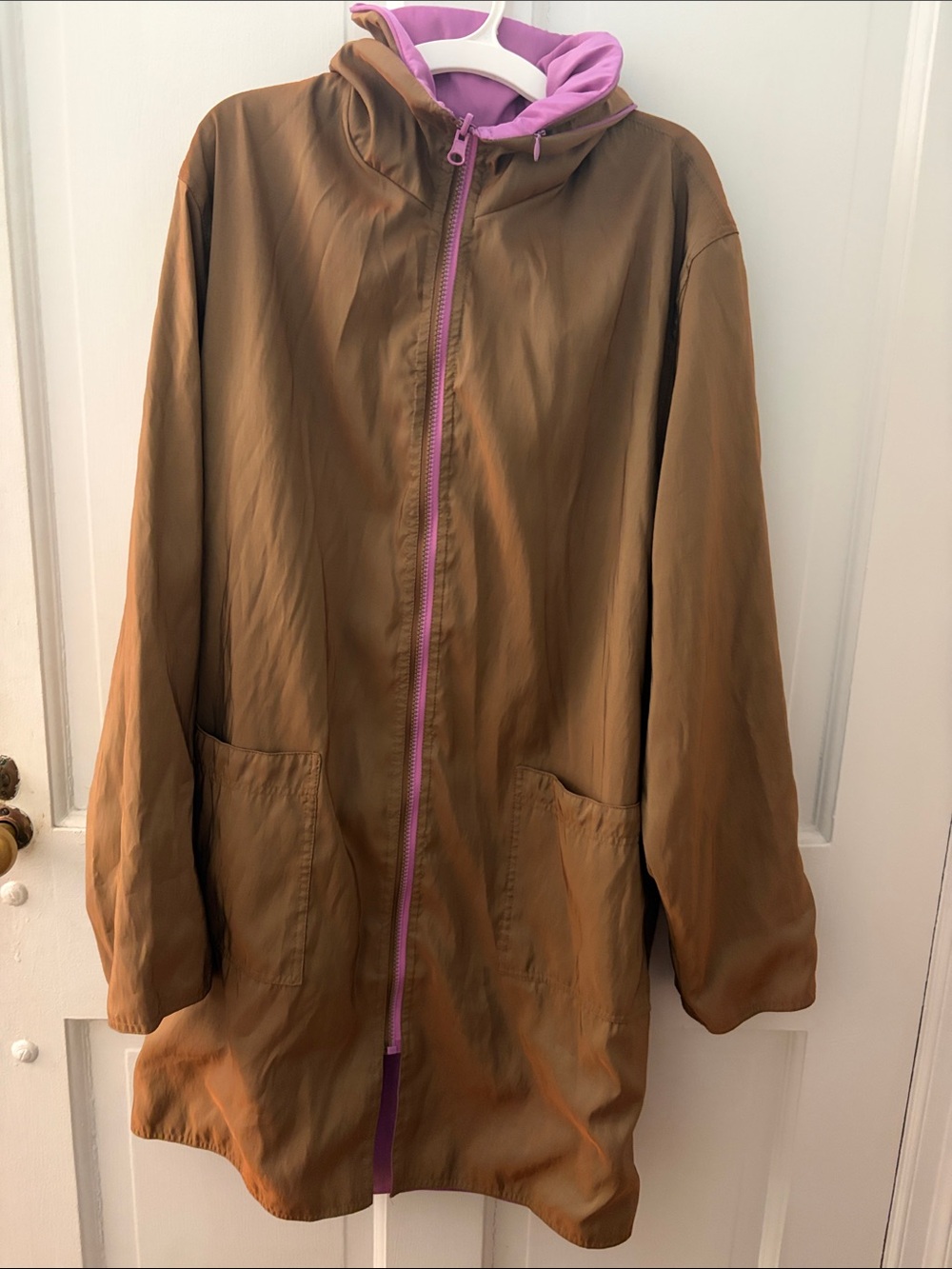 Lightweight Brown Hooded Jacket with Pinkish Trim Reversible + Rain Jacket